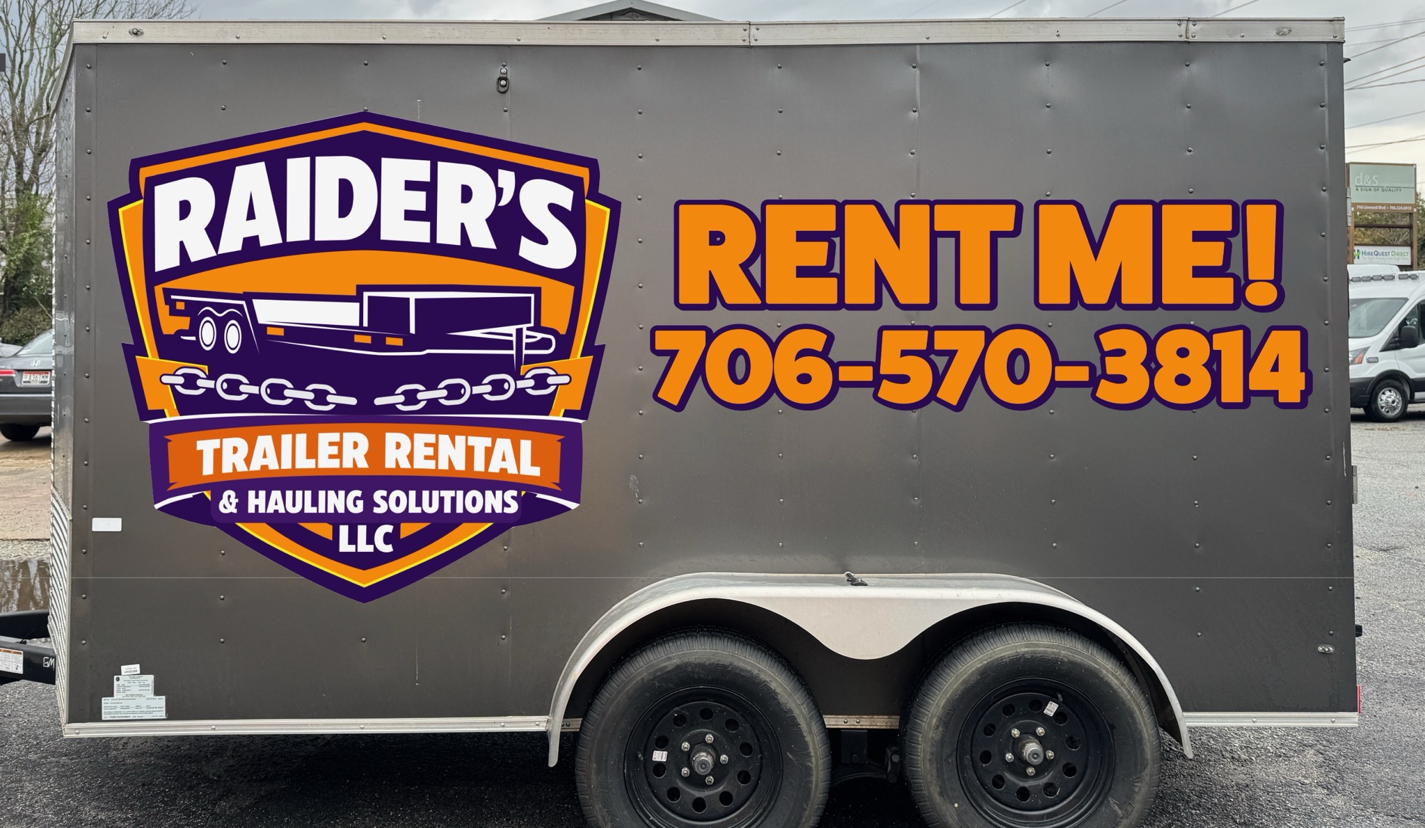 Raiders Trailer Rental & Hauling Solutions LLC enclosed trailer with Rent Me phone number 706-570-3814